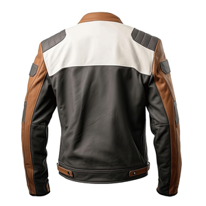 Men's Brown White Genuine Sheepskin Leather Stand Collar Racing Motorbike Jackets Windproof Outerwear for Custom Touring - Product Image 4