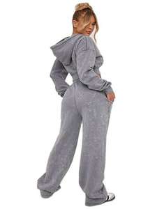 Custom Made Logo Sweatsuit Acid Wash <b>Zip</b> Distressed <b>Cropped</b> <b>Hoodie</b> and Sweatpants Set Women Tracksuit - Product Image 5