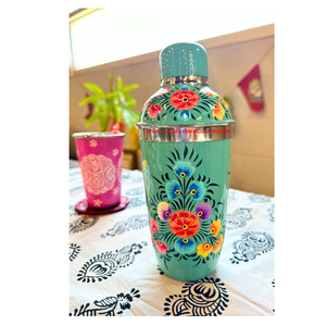 Shaker à cocktail en émail imprimé floral vert pour barman utilisé - Product Image 3