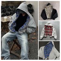 Jaket Hoodie Pria Model Kotak dengan Ritsleting Ganda, Bahu Jatuh, Motif Flanel Bergaris, Lapisan Ganda, Dapat Dibalik, Buatan Produsen OEM