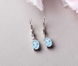 Boucles d'oreilles pendantes ovales en argent sterling avec pierre de naissance en aquamarine pour femmes - Product Image 1