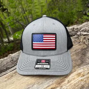 Richardson 112 Digitally Printed Leather Patch Trucker Hats US American Flag Machine Stitched Real Leather Trucker Hats Mesh