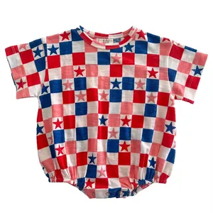 Comfy Checker Star kaus bayi musim panas 4th Juli Romper kaus Amerika anak laki-laki anak Perempuan Tee gelembung Onesie