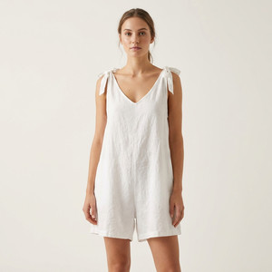 Mono corto sin mangas de lino 100% para mujer, estilo bohemio, cuello en V, holgado, transpirable, cintura media, ideal para verano. - Product Image 1