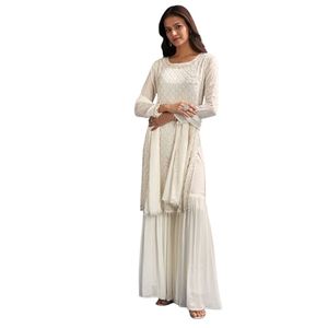 Abito bianco Chinon Sharara con paillettes e taglio Dana ricamo dettagli per le donne indiano festa di nozze abbigliamento Outfit - Product Image 1