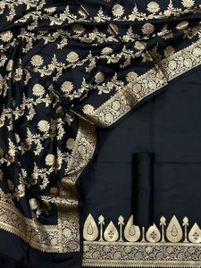 Costume en soie Banarasi Katan traditionnel très demandé, élégant pour femmes, ensemble Kurti non cousu en 3 pièces, pour mariage, fête, festival - Product Image 5