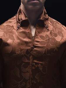 Mud Brown Floral Jacquard Cooper Collar Camisa de manga larga y resistente a las arrugas Estilo cocido ligero para Primavera/Verano - Product Image 5