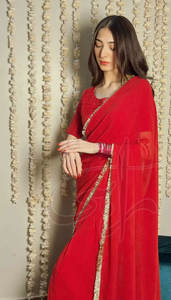 Designer Trending High Quality Soft Fabric Handmade <b>Red</b> <b>Silk</b> & Chiffon Women Saree for Party Occasions - Product Image 4