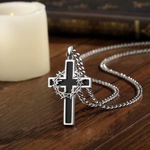 Ciondolo Croce Corona di <span class=keywords><strong>Spine</strong></span> Placcato Argento Vintage Ossidato con Inserti in Ossidiana, Gioiello Regalo Religioso Cristiano Spirituale - Product Image 3