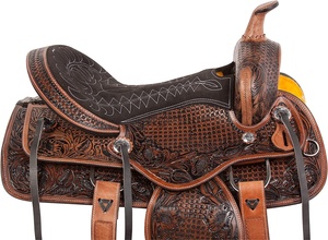 Sillín de caballo de cuero occidental con juego de tachuelas a juego, calidad prémium, de barril de cuero genuino, inglés, de carreras - Product Image 2