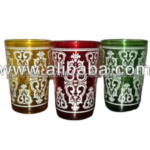 Juego de 6 vasos de cristal de té marroquí, vasos dorados para fiesta, con estampado colorido - Product Image 1