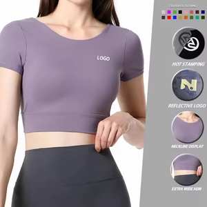 Vente chaude femmes à manches courtes hauts courts respirant Sexy Yoga Fitness course débardeurs Spandex/Nylon séchage rapide - Product Image 2