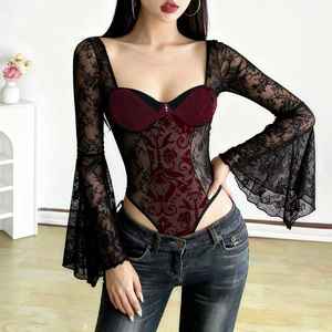 Body de Encaje Estilo Gótico INS, Color Rojo Oscuro, Manga Larga con Contraste, Estilo Sexy, Ropa de Calle Y2K, Atuendo Ajustado para Halloween - Product Image 3
