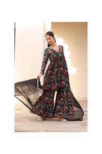 Ensemble Anarkali imprimé floral noir traditionnel Heer Heavy avec Dupatta et pantalon pour femme pour tenue décontractée de fête ou festivals - Product Image 2