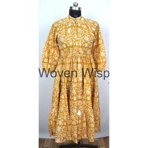 เดรสแมกซี่สไตล์ลำลองแขนสั้นสำหรับผู้หญิง, เดรสแม็กซี่แขนพองและตกแต่งเป็นคลื่นเอวธรรมชาติ - Product Image 1