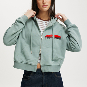 Vente chaude article 100% coton femmes recadrée fermeture éclair à capuche personnalisé DTF imprimé logo 100% coton surdimensionné dames à capuche - Product Image 1