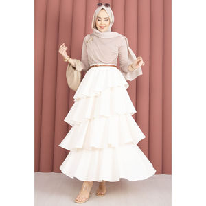 Ecru Pleated A-Line <b>Skirt</b> with Ruffles Breathable Chiffon Spandex Nylon Silk Cotton Fabrics XS Size for Spring Season - Product Image 3