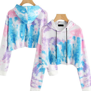 Nuevo diseño logotipo personalizado Tie Dye Crop Top Sudadera con capucha mujer Casual algodón suave serigrafía recortada Sudadera con capucha Mujer - Product Image 1