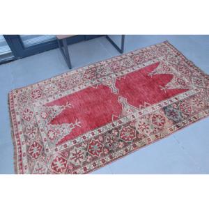3.7x6.7 ft Area Vintage Turkish Rug, <b>Red</b> Polka dot <b>Wool</b> Rug - Product Image 2