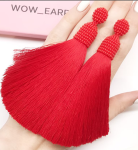 Red Dangle Tassel Earrings Clip on Earrings or <b>Silver</b> <b>Studs</b> - Trendy Earrings Fringe Tassel Earrings - Gold - Long - Product Image 1