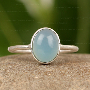925 Sterling <b>Silver</b> Fine Handcrafted Trendy Christian <b>Wedding</b> Jewelry 8x10mm Beautiful Natural Aqua Chalcedony Bezel Ring - Product Image 1