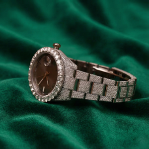 Montre de luxe en acier inoxydable avec diamants en moissanite, bracelet en acier inoxydable, cadran marron, affichage de la date, montre-bracelet unisexe, vente en gros - Product Image 2