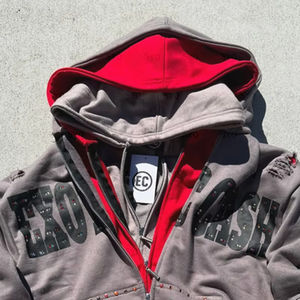 OEM Seasonal Specials 3 Layered Ripped Rhinestones <b>Zip</b> <b>up</b> <b>Hoodie</b> Men Custom Vintage Washed printed Layer men <b>Hoodie</b> - Product Image 2