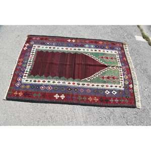 <b>Vintage</b> Kilim <b>Rug</b> 4 X 5.4ft Red Green Patchwork Design Flat Weave Jacquard Technique Wool Jute Latex for Hallway Rectangle Space - Product Image 3