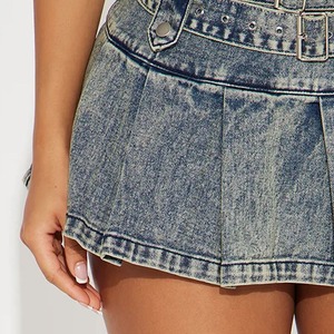 Jupe en jean taille haute tendance Nouvelle arrivée Toutes saisons Vintage Respirante Coupe ample Poche Longueur genou pour femmes - Product Image 5