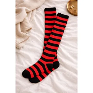 <b>Black</b> Red Nylon Knee-High <b>Socks</b> Dot Striped Print Breathable Transparent for Daily Use One Size Fits Most Summer Logo Design - Product Image 2