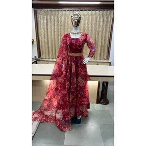 Evergreen Design Best Fabric Pure Soft Organza Silk Digital Print Gown With Chudidar Salwar Dupatta Women Fashion Manufacturer