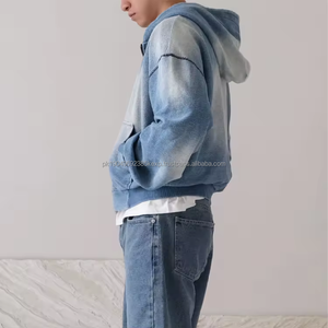 Sudadera con Capucha Corta para Hombre, Estilo Premium, Desgastada, con Agujeros, Lavado Ácido, Sobredimensionada, con Cremallera - Product Image 3