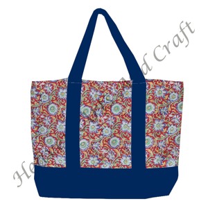 Sac fourre-tout en tissu imprimé à la main avec poignée bleue en provenance d'Inde, motif floral multi-main avec deux bretelles, vente en gros BHCB056 - Product Image 3