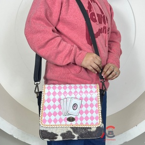 2025 Trendy Fashion Tooled Cowhide Leather Checkered Pattern with Playing Card Cowgirl Style <b>Crossbody</b> & Shoulder <b>Bag</b> for Women - Product Image 1