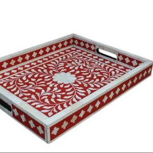 Plateau rond en bois incrusté, fait main, vintage, plateau de service en bois, décoration de table de cuisine, plateau avec incrustation florale - Product Image 1