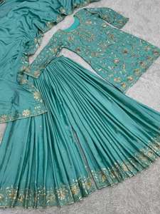 Designer traditionnel mariage et fête porter Chinon soie brodé et séquence travail haut et Palazzo avec séquence broderie Dupatta - Product Image 4