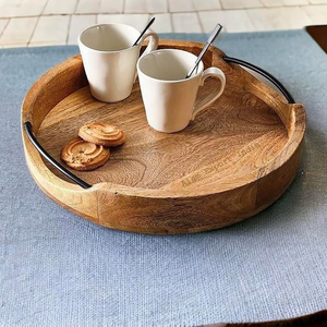 Vintage New Arrival Mango Wooden Serving <b>Tray</b> Platter Round Shape Natural Finished Metal Handle Custom Size for Tea <b>Snacks</b> <b>Trays</b> - Product Image 3