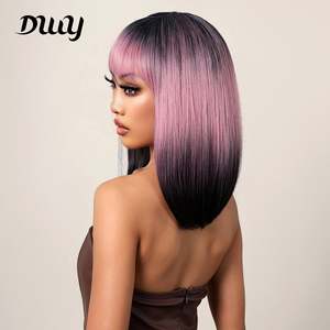 16 Inches <b>Long</b> Straight Pink Gradient Black Synthetic <b>Wigs</b> Bangs for Women Daily Use Party Cosplay Taking Stretched 32 Inches - Product Image 5