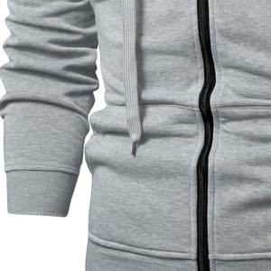 เสื้อฮู้ดผ้าเฟรนช์เทอร์รี่ลำลองพร้อมซับในขนนุ่ม บล็อกสีทึบ เสื้อสวมหัวแขนยาวพร้อมเชือกผูกและซิป - Product Image 3