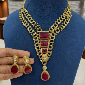 ชุดเครื่องประดับเลียนแบบทองโบราณพร้อมสร้อยคออินเดียแบบดั้งเดิมหินสีแดงธรรมชาติสำหรับผู้หญิง - Product Image 1