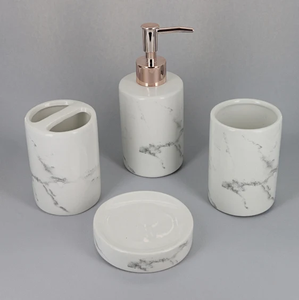 Juego de 5 piezas de alta calidad, juego de baño de mármol de piedra blanca, juego de dispensador de jabón de mármol de piedra Natural personalizado, juego de baño - Product Image 2