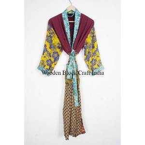 Kimono de Seda Pura Hecho a Mano con Diseño de Patchwork, Ligero, Estilo Vintage, Estampado Floral de Verano, Transpirable, con Cierre de Cordón, Suave - Product Image 1