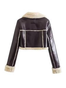Veste bomber en cuir pour femme, courte, marron, doublée de fourrure épaisse et chaude, pour l'automne/hiver - Product Image 4