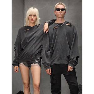 Sweatshirts délavés à l'acide pour hommes pull déchiré surdimensionné col rond thermique épaule tombante sweat-shirt vintage Street Wear - Product Image 6