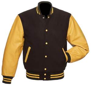 Chaqueta térmica de invierno personalizada Cuerpo de Lana granate Mangas de cuero de oro amarillo Piel de oveja Chaqueta Varsity Letterman - Product Image 1
