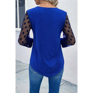 Women'<b>s</b> Long-Sleeved Button-Down <b>Blouse</b> with Tulle Sleeve Detail, Viscose, 31334 - Saks Blue - Product Image 4