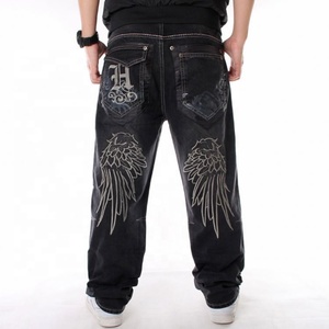Jeans rétro vintage pour homme, denim brodé, taille mi-haute, tissage lourd, style droit, pantalon large de style hip-hop, lavé, fermeture éclair - Product Image 6