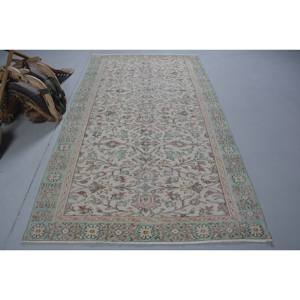 Alfombra de lana turca Vintage clásica Beige verde 4ft9in X 8ft8in diseño Aubusson grande Patchwork para sala de estar con respaldo de látex - Product Image 1