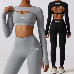 Perfect Industry Women 3 Piece Yoga Set Purple <b>Long</b> Sleeve Crop Top High Waist Leggings Cut-Out Design Seamless Spandex Set - Product Image 2