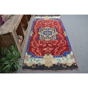 Alfombra Turca Vintage de Gran Tamaño, 3.3 x 7.8 pies, Ecológica, Diseño Clásico de Retazos Rojo y Azul, Lana de 10 mm, Forma Rectangular de Látex - Product Image 3